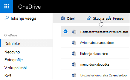 Posnetek zaslona izbrane datoteke ali gumba »Daj v skupno rabo« v storitvi OneDrive.