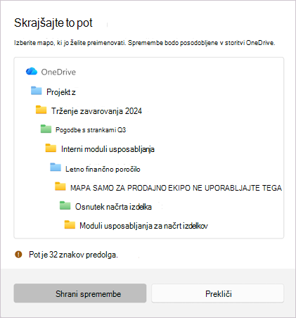 Posnetek zaslona, ki prikazuje sporočilo za skrajšanje izbranega imena datoteke.