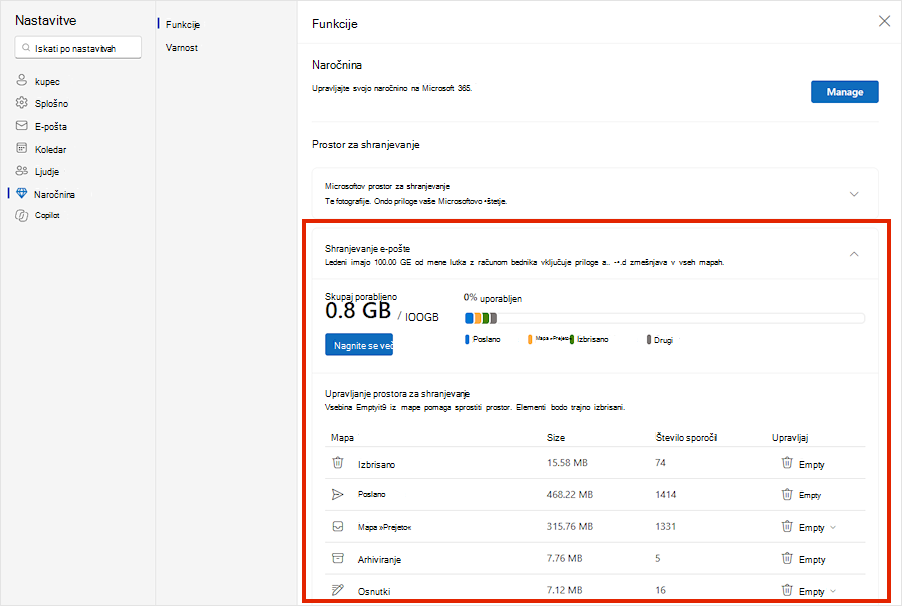 Outlook.com Nastavitve naročnine, ki prikazujejo razširjeno uporabo shrambe za e-pošto in prostor za shranjevanje, ki ga uporablja posamezna mapa.