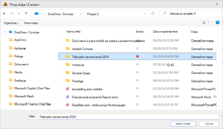 Posnetek zaslona, na katerem je prikazano pogovorno okno za izbiro mape v storitvi OneDrive.