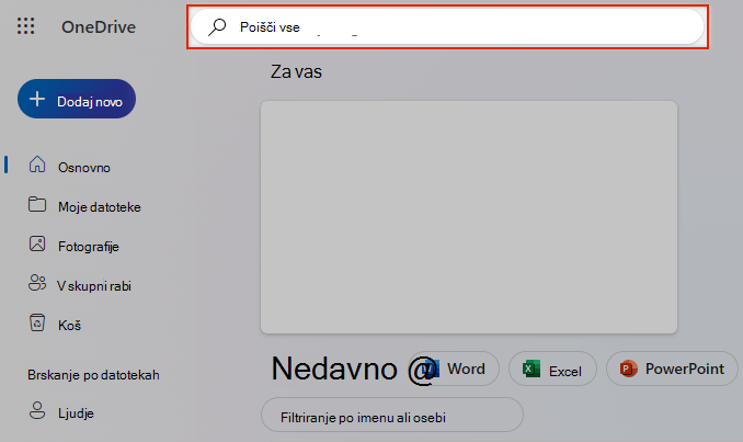 Izbor »Preišči vse« v storitvi OneDrive
