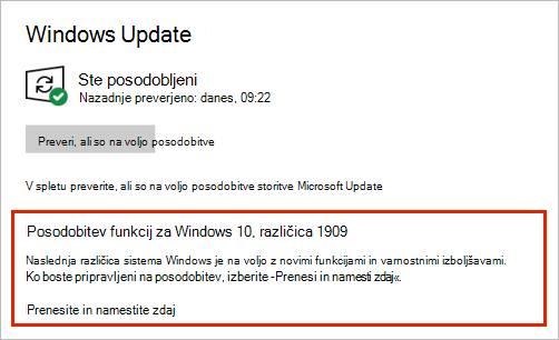Windows Update prikazuje umestitev posodobitev funkcij