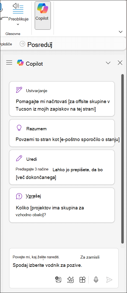 Podokno storitve Copilot v aplikaciji OneNote na desni strani strani.