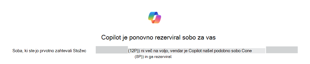 Primer potrditve Copilota, ki je ponovno rezerviral sobo za vas, ki identificira prvotno in nadomestno sobo.