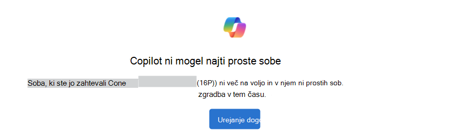 Primer Copilota ni mogel najti razpoložljivega obvestila o sobi z gumbom »Uredi dogodek«.