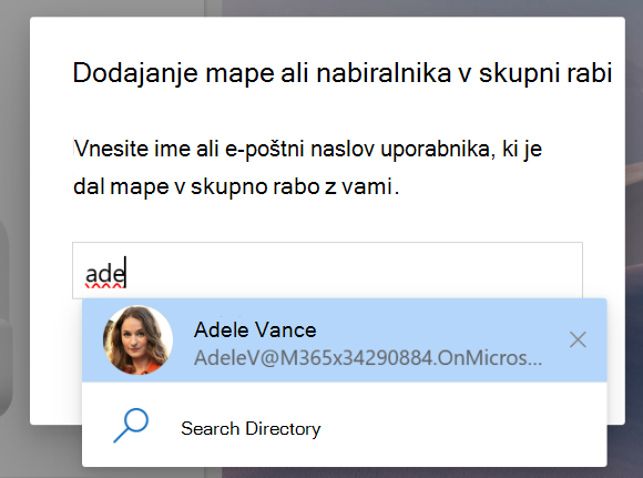 Posnetek zaslona o možnosti »V skupni rabi z mano« za dodajanje mape ali nabiralnika v skupni rabi