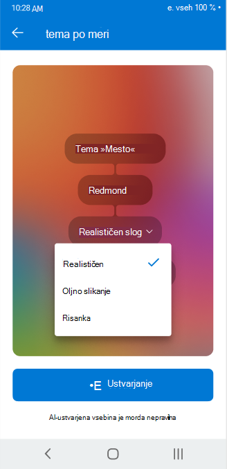 Zaslon, ki prikazuje izbirnik spustnega seznama, ki se uporablja za prilagajanje nastavljivih atributov teme po meri v Outlooku za Android