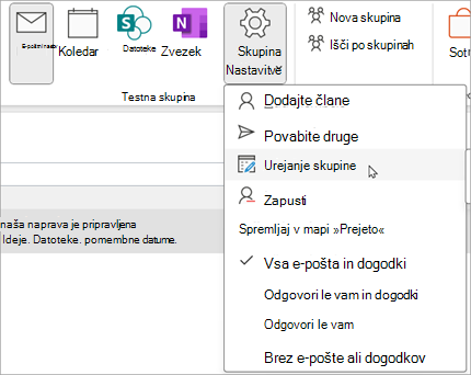 Na traku izberite Nastavitve > skupine Urejanje skupine