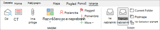 Na traku izberite Ima priloge, če želite poiskati elemente, ki vključujejo datoteke.