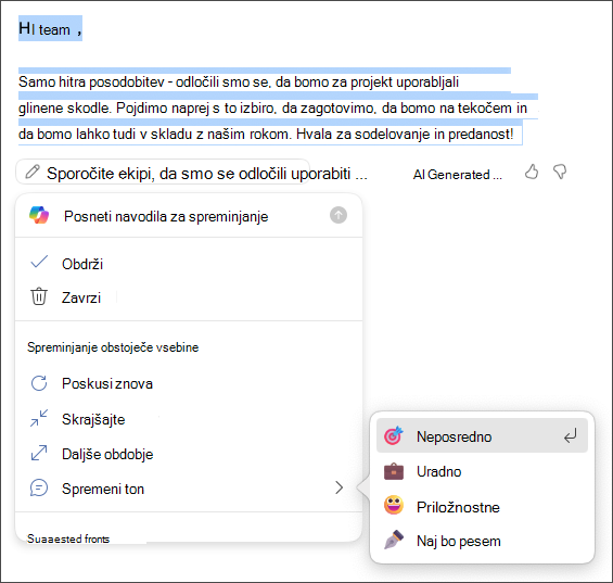 Izberite, ali želite obdržati, zavreči, obnoviti ali spremeniti možnosti tona in dolžine