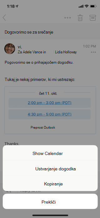Pokaže e-poštno sporočilo na zaslonu prenosne naprave. Na dnu so na voljo možnosti menija: Show Calendar, Create Event, Copy in Cancel.