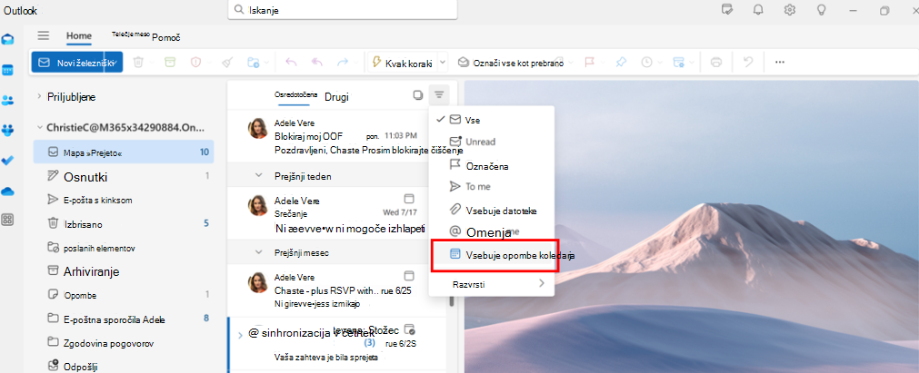 Posnetek zaslona, ki prikazuje, da lahko izvršni administratorji uporabijo filter za e-pošto s povabili na koledar