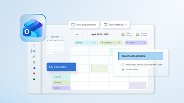 Slika vmesnika koledarja iz programa Microsoft Outlook, ki poudarja funkcije, kot so več kategorij koledarja, vremenska napoved in načrtovani dogodki.