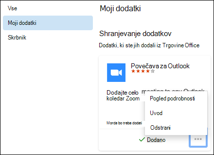 Meni »Moji dodatki« v Outlooku for Mac.