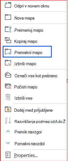 Posnetek zaslona možnosti »Premakni mapo«, izbrane v podoknu za krmarjenje.