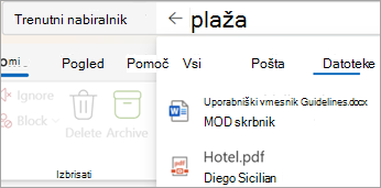 Izberite Files, če si želite ogledati rezultate iskanja samo s prilogami.