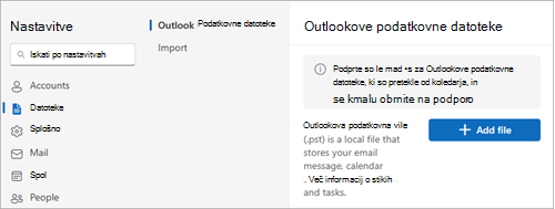 V nastavitvah izberite »Splošno«, »Outlookove podatkovne Files« in nato »Dodaj datoteko«.