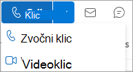 Posnetek zaslona spustnega seznama klicev na Outlookovi kartici stika