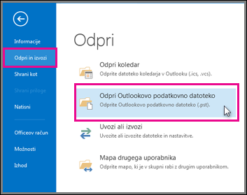Odpri Outlookovo podatkovno datoteko