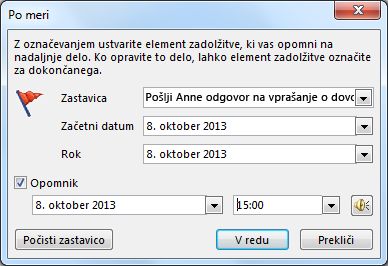 Pogovorno okno po meri za nastavljanje opomnikov, začetnih in končnih datumov