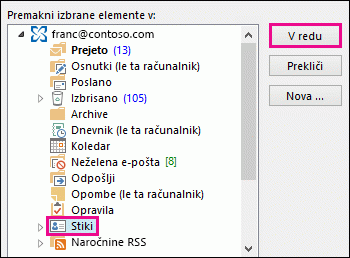 Premikanje stika v mapo s stiki