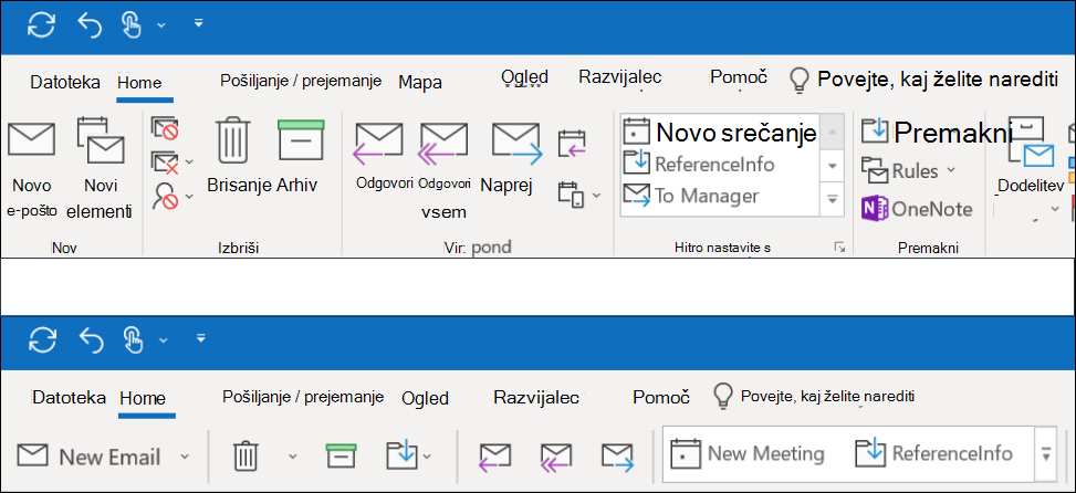 Zdaj lahko izbirate med dvema različnima izkušnjama traku v Outlooku.