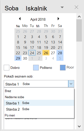 Uporabite Iskalnik sob, da si ogledate konferenčne sobe, ki so na voljo za vaše srečanje.