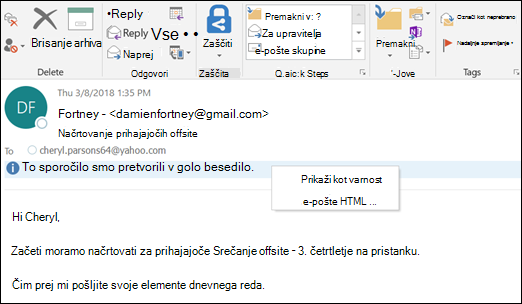 Kliknite informacijsko vrstico, če jo želite prikazati v obliki HTML.