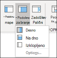 Posnetek zaslona prikazuje možnosti postavitve podokna za branje.