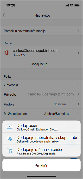 Dodajanje računa v program Outlook