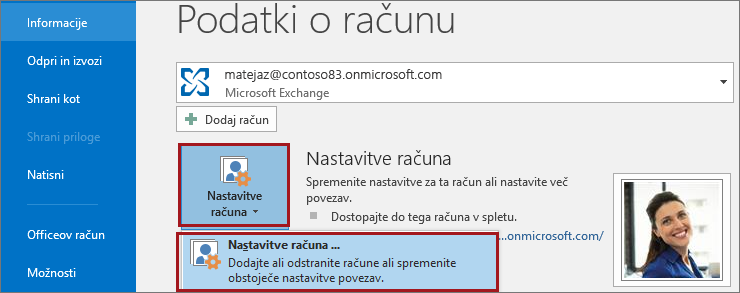 Nastavitve računa v Outlooku