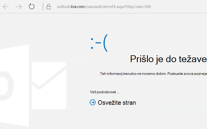 Outlook.com Kaj je šlo narobe s kodo napake 500