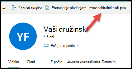 Kartica skupine v Outlook.com s puščico, ki kaže navzgor in desno do možnosti »Izvozi nabiralnik skupine«.