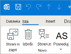 Posnetek zaslona, ki prikazuje možnost »Shrani« in »Zapri za stik« v klasičnem Outlooku