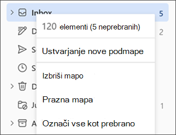 Posnetek zaslona, ki prikazuje meni, ko z desno tipko miške kliknete mapo