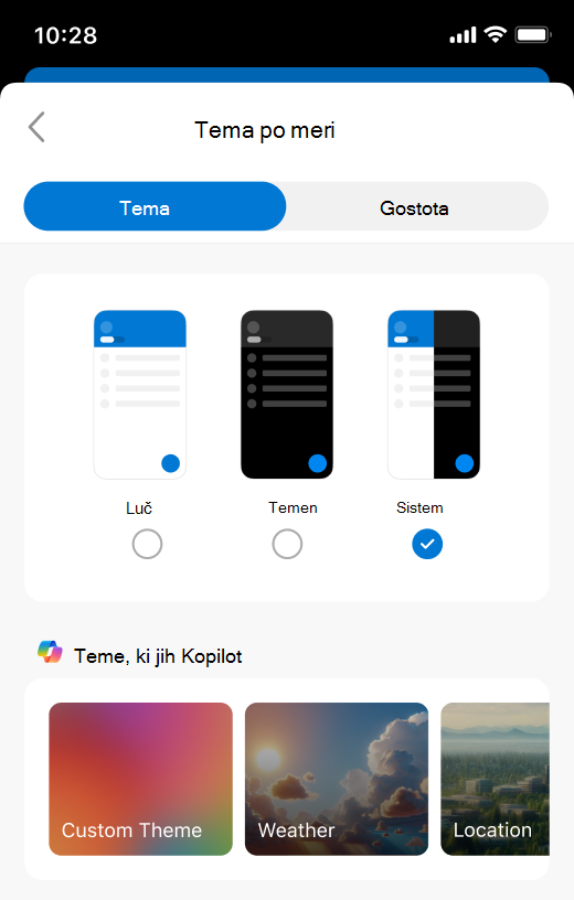 Posnetek zaslona nastavitev Outlookovih tem v mobilnih napravah.