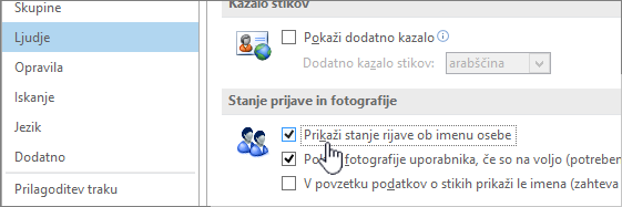 Zavihek »Ljudje« v pogovornem oknu »Možnosti« z označeno možnostjo »Prikaži stanje prijave«