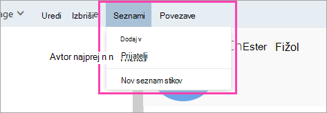 Posnetek zaslona gumba »Seznami«.