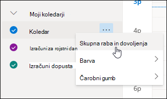 Posnetek zaslona s kazalcem miške nad možnostjo »Skupna raba in dovoljenja« v priročnem meniju koledarja