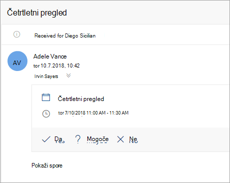 Posnetek zaslona povabila na srečanje, poslanega pooblaščencu