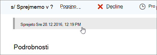 Posnetek zaslona prikazuje, da je bil dogodek koledarja sprejet.