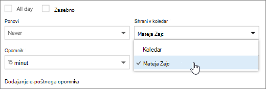 Posnetek zaslona menija »Shrani v koledar«.