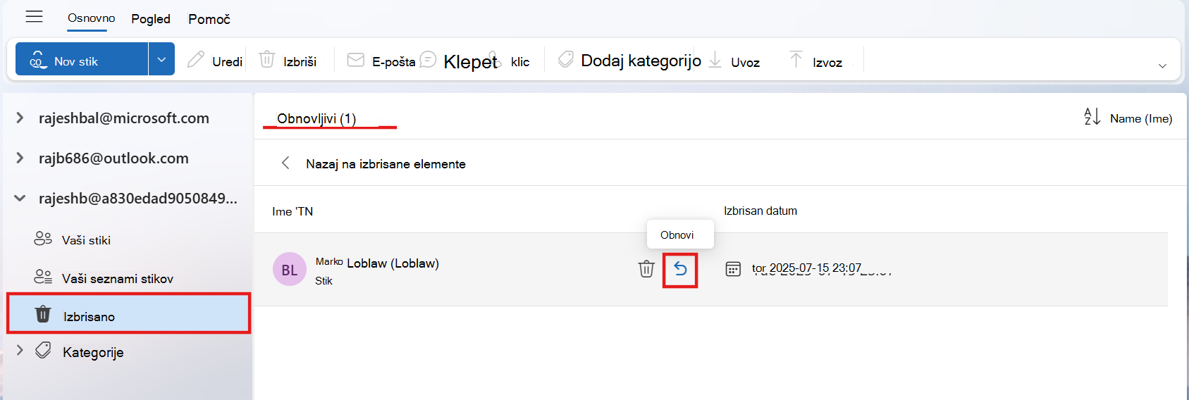 Posnetek zaslona mape, ki jo je mogoče obnoviti, v kateri je prikazan en stik s poudarki na ikoni »Obnovi« in ime mape, ki jo je mogoče obnoviti