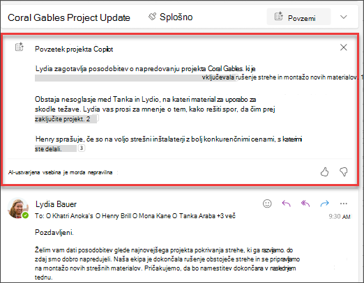 Povzetek e-poštne niti s citati, ki jih je ustvaril Copilot.