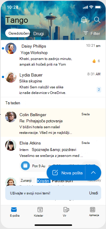 Zaslon, ki prikazuje videz teme, ko jo uporabite v programu Outlook Mobile