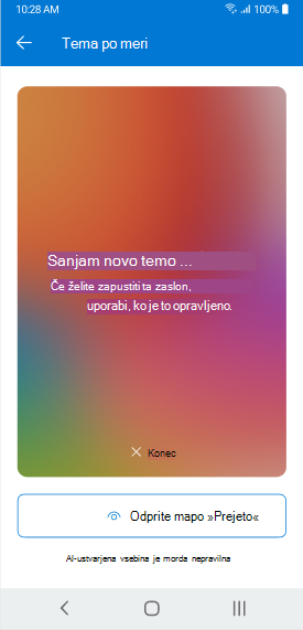 Zaslon, ki prikazuje temo s programom Copilot, ki jo ustvari v programu Outlook Mobile