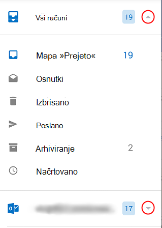 Prikaže Outlookove mape s puščicami spustnega seznama na desni strani zaslona.