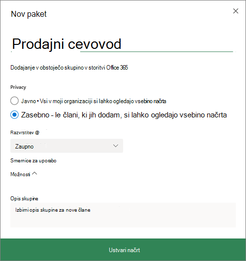 Posnetek zaslona pogovornega okna »Nov načrt«