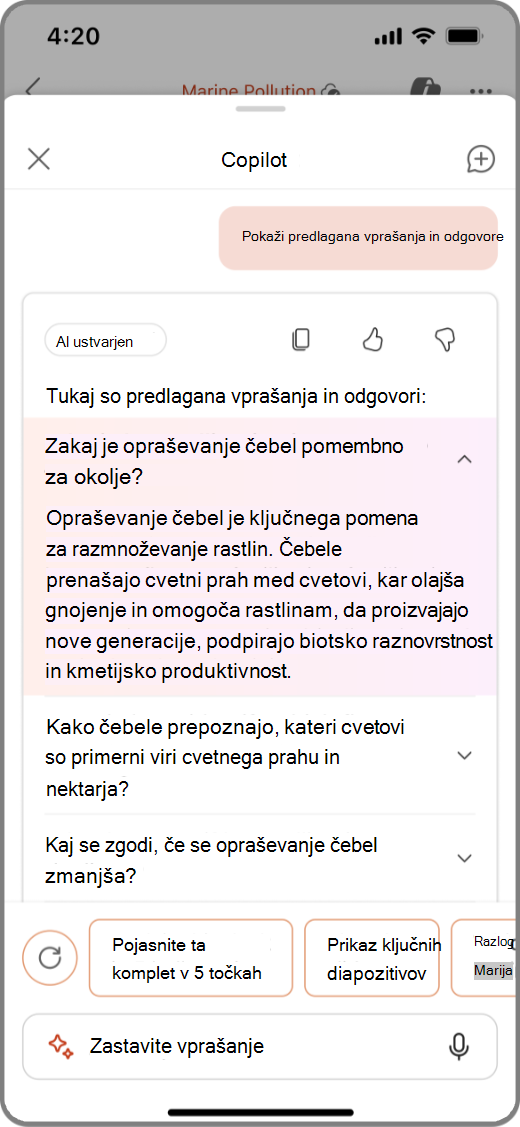 Posnetek zaslona storitve Copilot v PowerPointu na napravi s sistemom iOS s predlaganim vprašanjem&As