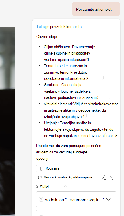 Posnetek zaslona funkcije Povzemi ta pak s citati